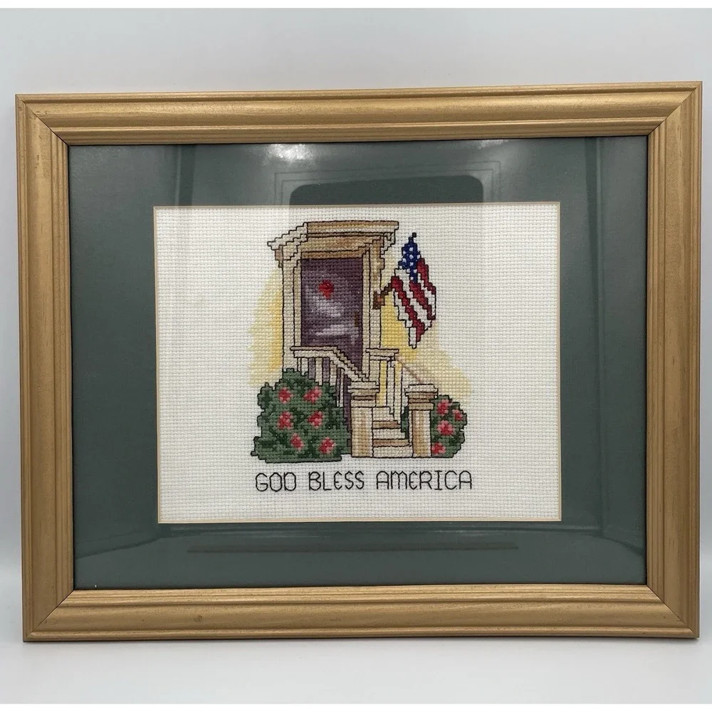 Vtg. Framed Patriotic Cross Stitch 12.75